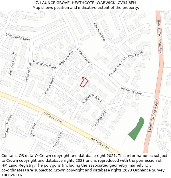 7, LAUNCE GROVE, HEATHCOTE, WARWICK, CV34 6EH: Location map and indicative extent of plot