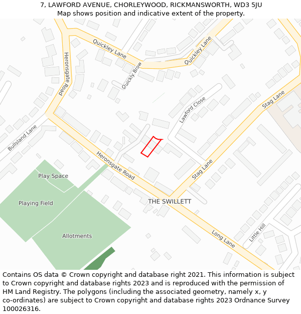 7, LAWFORD AVENUE, CHORLEYWOOD, RICKMANSWORTH, WD3 5JU: Location map and indicative extent of plot