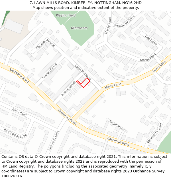 7, LAWN MILLS ROAD, KIMBERLEY, NOTTINGHAM, NG16 2HD: Location map and indicative extent of plot