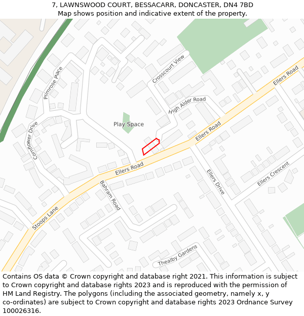 7, LAWNSWOOD COURT, BESSACARR, DONCASTER, DN4 7BD: Location map and indicative extent of plot