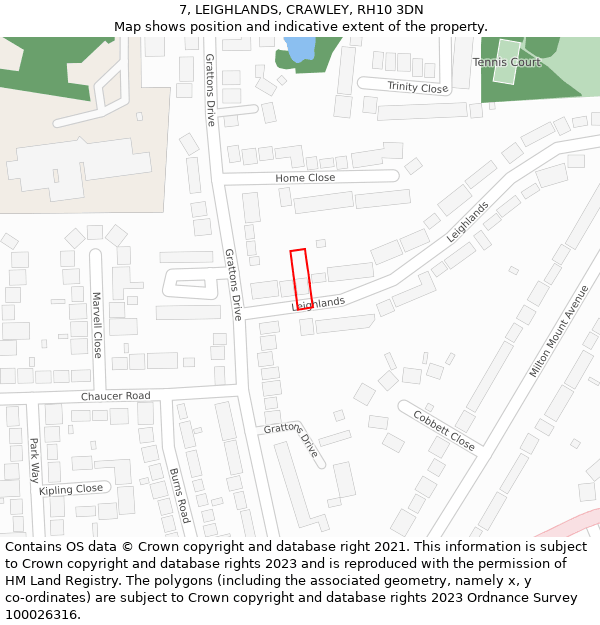 7, LEIGHLANDS, CRAWLEY, RH10 3DN: Location map and indicative extent of plot