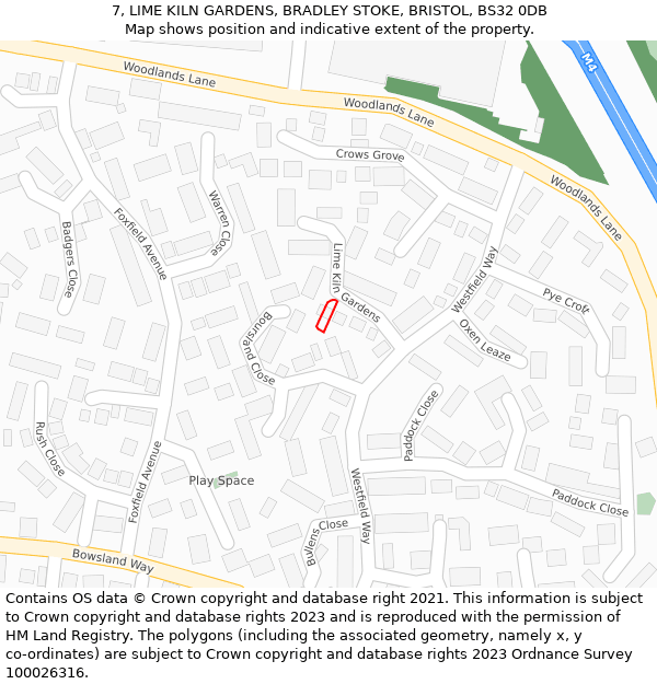 7, LIME KILN GARDENS, BRADLEY STOKE, BRISTOL, BS32 0DB: Location map and indicative extent of plot