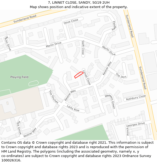 7, LINNET CLOSE, SANDY, SG19 2UH: Location map and indicative extent of plot