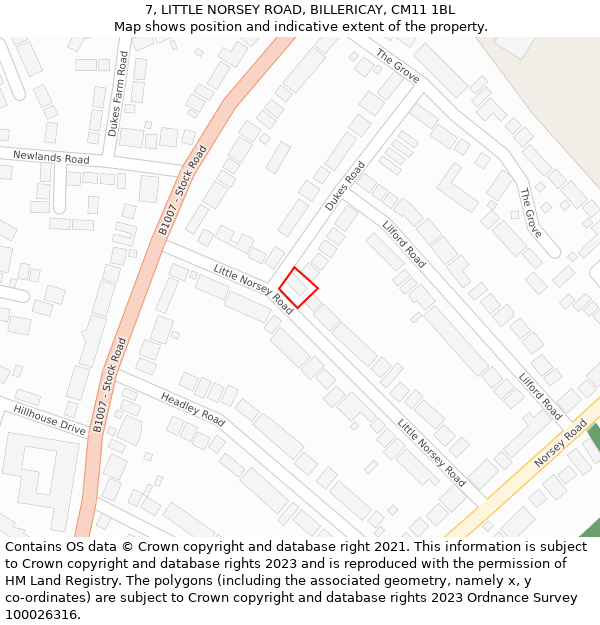 7, LITTLE NORSEY ROAD, BILLERICAY, CM11 1BL: Location map and indicative extent of plot