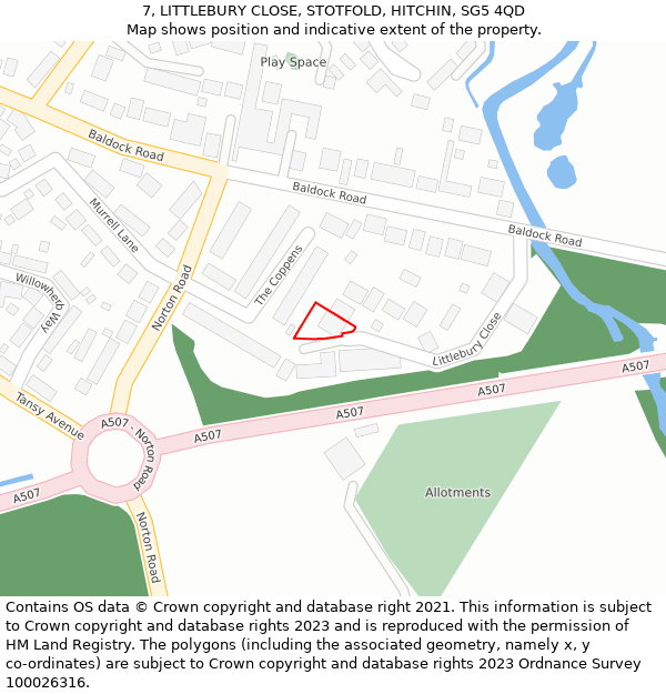 7, LITTLEBURY CLOSE, STOTFOLD, HITCHIN, SG5 4QD: Location map and indicative extent of plot