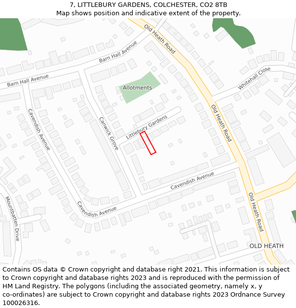7, LITTLEBURY GARDENS, COLCHESTER, CO2 8TB: Location map and indicative extent of plot