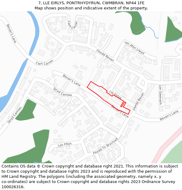 7, LLE EIRLYS, PONTRHYDYRUN, CWMBRAN, NP44 1FE: Location map and indicative extent of plot