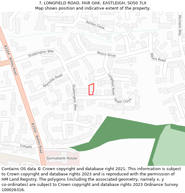 7, LONGFIELD ROAD, FAIR OAK, EASTLEIGH, SO50 7LX: Location map and indicative extent of plot