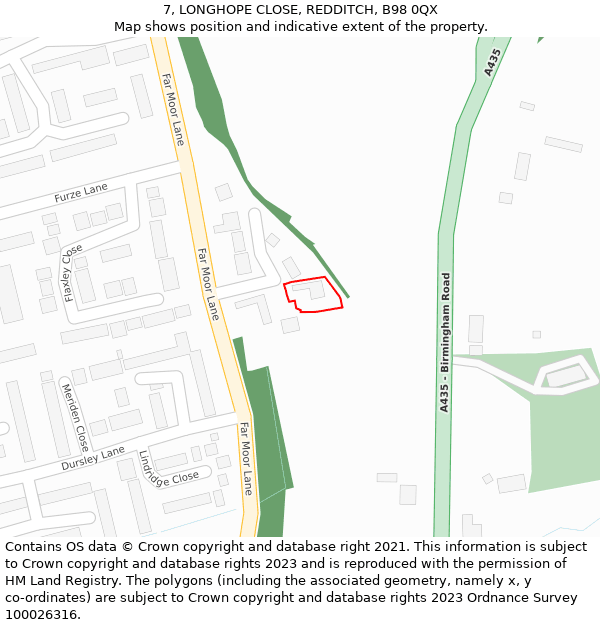 7, LONGHOPE CLOSE, REDDITCH, B98 0QX: Location map and indicative extent of plot
