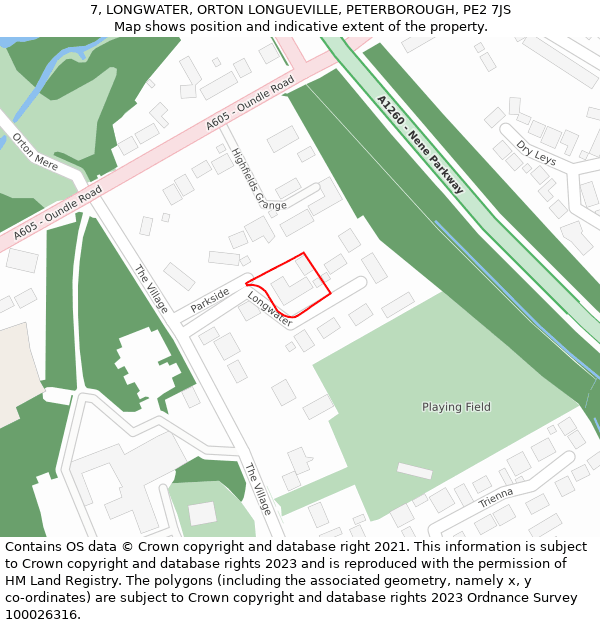 7, LONGWATER, ORTON LONGUEVILLE, PETERBOROUGH, PE2 7JS: Location map and indicative extent of plot