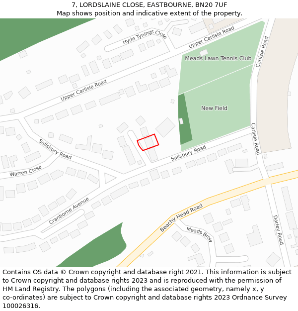 7, LORDSLAINE CLOSE, EASTBOURNE, BN20 7UF: Location map and indicative extent of plot