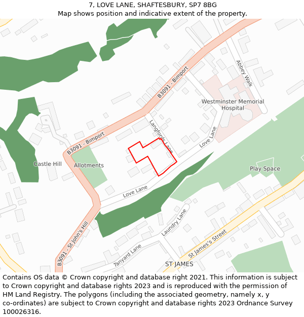 7, LOVE LANE, SHAFTESBURY, SP7 8BG: Location map and indicative extent of plot