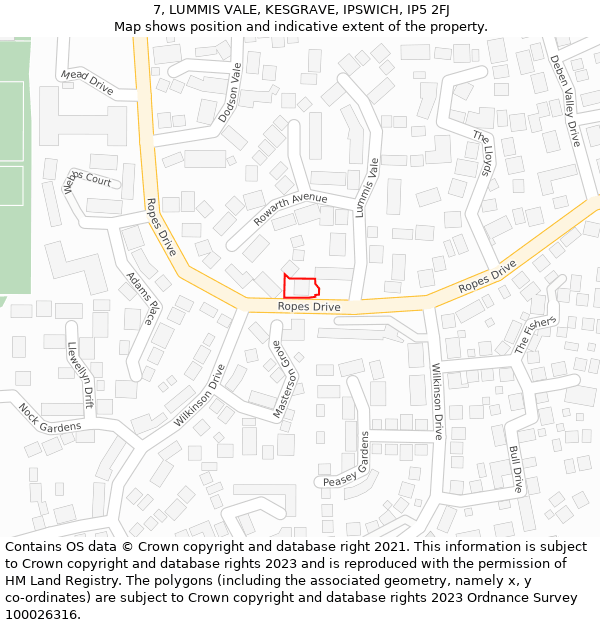 7, LUMMIS VALE, KESGRAVE, IPSWICH, IP5 2FJ: Location map and indicative extent of plot