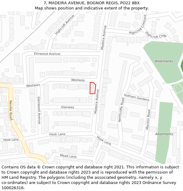 7, MADEIRA AVENUE, BOGNOR REGIS, PO22 8BX: Location map and indicative extent of plot