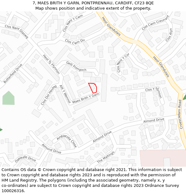 7, MAES BRITH Y GARN, PONTPRENNAU, CARDIFF, CF23 8QE: Location map and indicative extent of plot