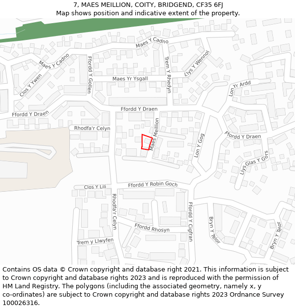 7, MAES MEILLION, COITY, BRIDGEND, CF35 6FJ: Location map and indicative extent of plot