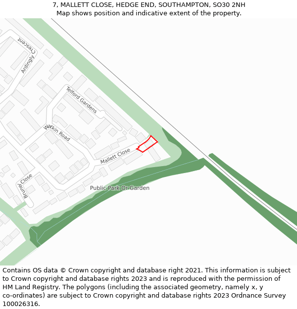 7, MALLETT CLOSE, HEDGE END, SOUTHAMPTON, SO30 2NH: Location map and indicative extent of plot