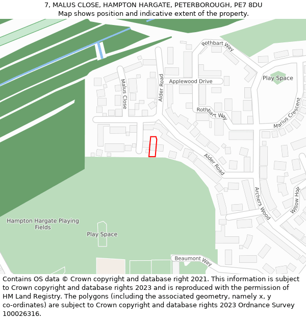 7, MALUS CLOSE, HAMPTON HARGATE, PETERBOROUGH, PE7 8DU: Location map and indicative extent of plot