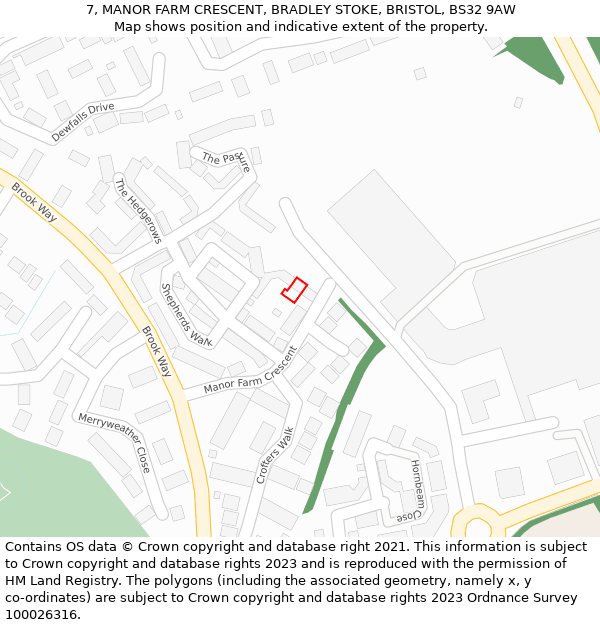 7, MANOR FARM CRESCENT, BRADLEY STOKE, BRISTOL, BS32 9AW: Location map and indicative extent of plot