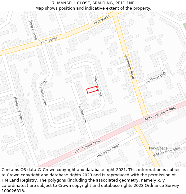 7, MANSELL CLOSE, SPALDING, PE11 1NE: Location map and indicative extent of plot