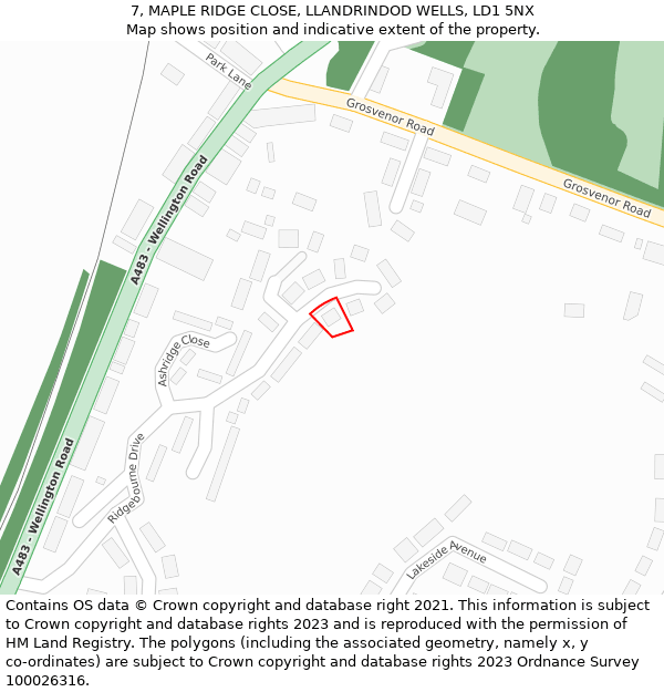 7, MAPLE RIDGE CLOSE, LLANDRINDOD WELLS, LD1 5NX: Location map and indicative extent of plot