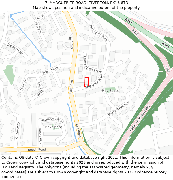 7, MARGUERITE ROAD, TIVERTON, EX16 6TD: Location map and indicative extent of plot