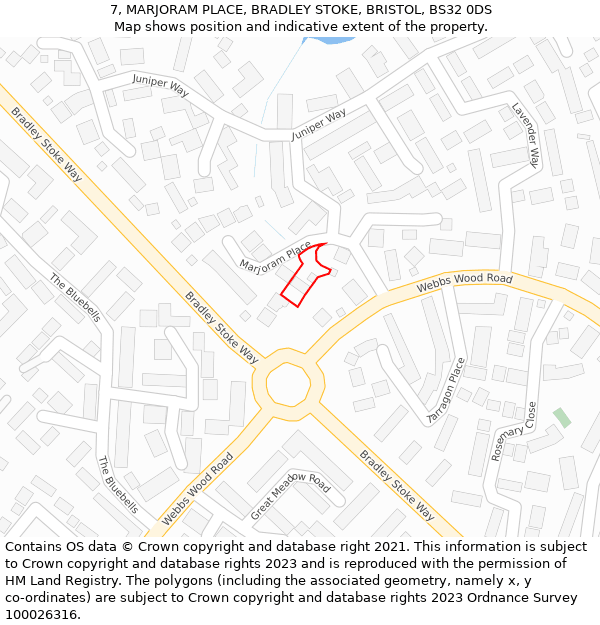 7, MARJORAM PLACE, BRADLEY STOKE, BRISTOL, BS32 0DS: Location map and indicative extent of plot