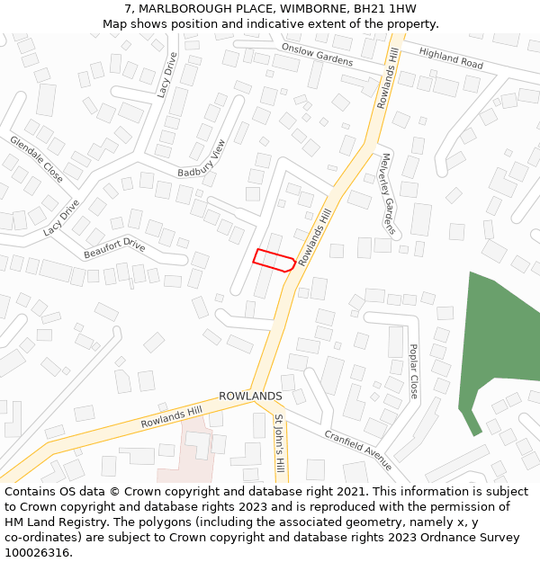 7, MARLBOROUGH PLACE, WIMBORNE, BH21 1HW: Location map and indicative extent of plot