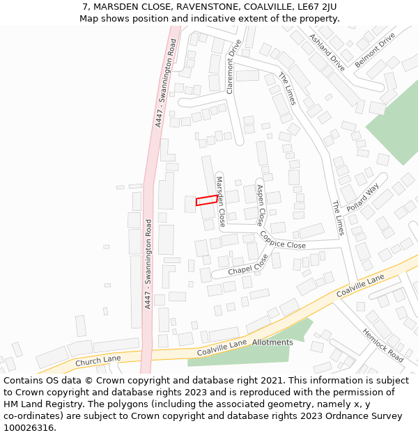 7, MARSDEN CLOSE, RAVENSTONE, COALVILLE, LE67 2JU: Location map and indicative extent of plot