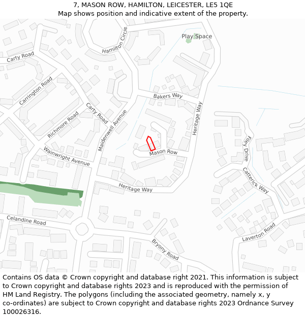 7, MASON ROW, HAMILTON, LEICESTER, LE5 1QE: Location map and indicative extent of plot