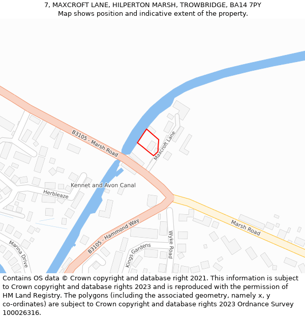 7, MAXCROFT LANE, HILPERTON MARSH, TROWBRIDGE, BA14 7PY: Location map and indicative extent of plot