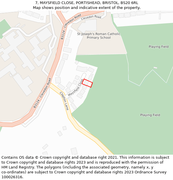 7, MAYSFIELD CLOSE, PORTISHEAD, BRISTOL, BS20 6RL: Location map and indicative extent of plot