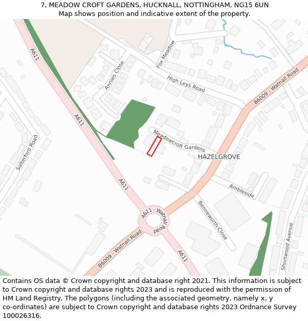 7, MEADOW CROFT GARDENS, HUCKNALL, NOTTINGHAM, NG15 6UN: Location map and indicative extent of plot