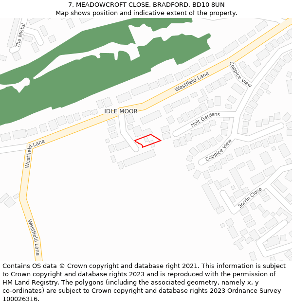 7, MEADOWCROFT CLOSE, BRADFORD, BD10 8UN: Location map and indicative extent of plot