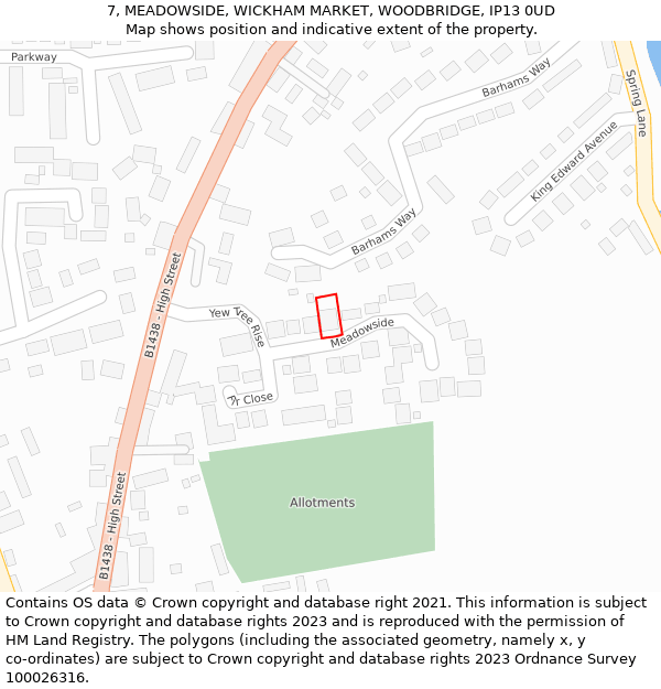 7, MEADOWSIDE, WICKHAM MARKET, WOODBRIDGE, IP13 0UD: Location map and indicative extent of plot