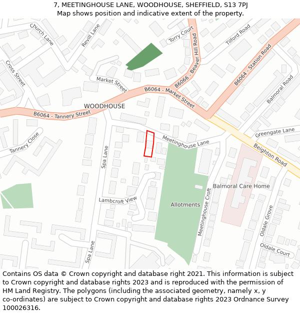 7, MEETINGHOUSE LANE, WOODHOUSE, SHEFFIELD, S13 7PJ: Location map and indicative extent of plot
