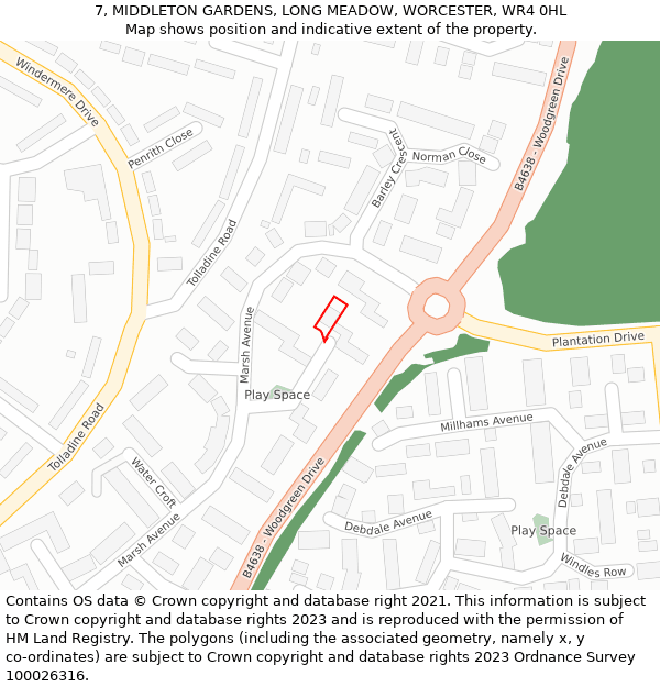 7, MIDDLETON GARDENS, LONG MEADOW, WORCESTER, WR4 0HL: Location map and indicative extent of plot