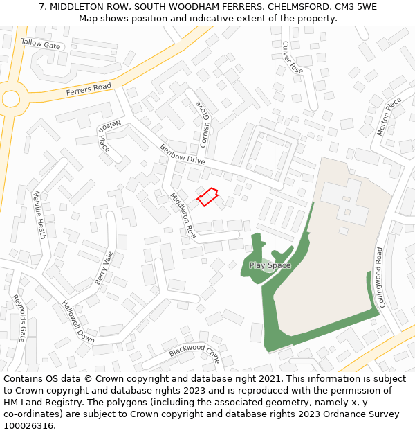 7, MIDDLETON ROW, SOUTH WOODHAM FERRERS, CHELMSFORD, CM3 5WE: Location map and indicative extent of plot