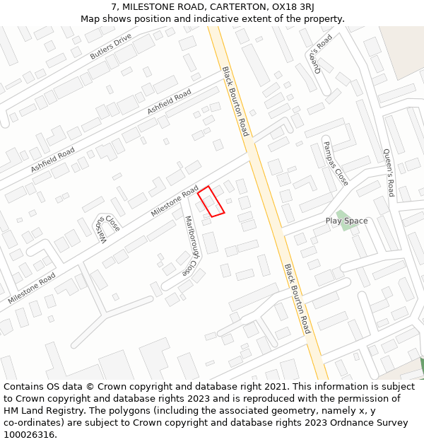 7, MILESTONE ROAD, CARTERTON, OX18 3RJ: Location map and indicative extent of plot