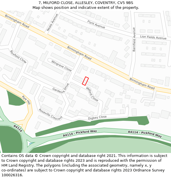 7, MILFORD CLOSE, ALLESLEY, COVENTRY, CV5 9BS: Location map and indicative extent of plot