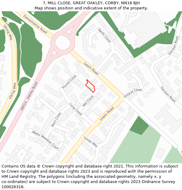 7, MILL CLOSE, GREAT OAKLEY, CORBY, NN18 8JH: Location map and indicative extent of plot