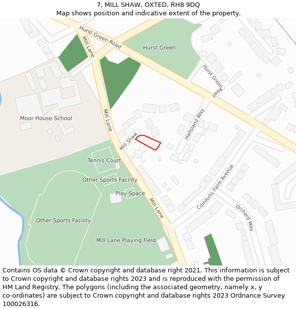 7, MILL SHAW, OXTED, RH8 9DQ: Location map and indicative extent of plot