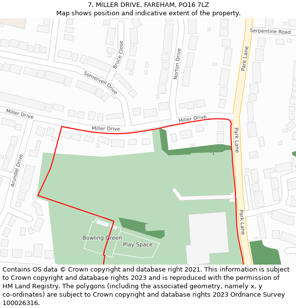 7, MILLER DRIVE, FAREHAM, PO16 7LZ: Location map and indicative extent of plot
