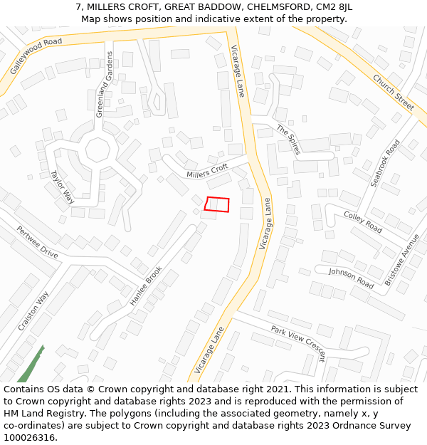 7, MILLERS CROFT, GREAT BADDOW, CHELMSFORD, CM2 8JL: Location map and indicative extent of plot