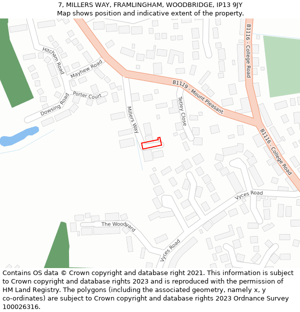 7, MILLERS WAY, FRAMLINGHAM, WOODBRIDGE, IP13 9JY: Location map and indicative extent of plot
