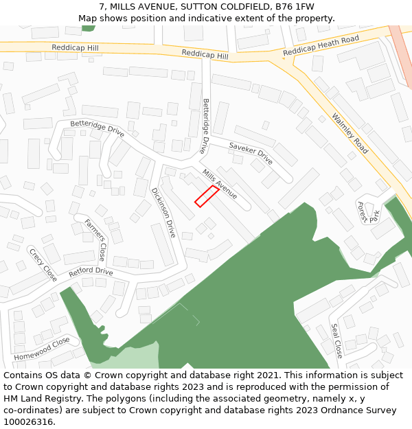7, MILLS AVENUE, SUTTON COLDFIELD, B76 1FW: Location map and indicative extent of plot