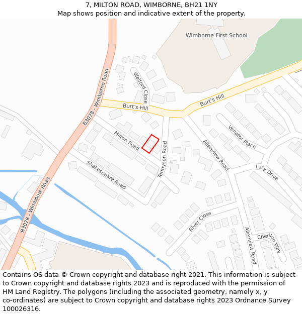 7, MILTON ROAD, WIMBORNE, BH21 1NY: Location map and indicative extent of plot