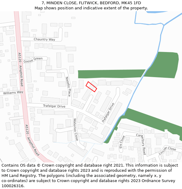 7, MINDEN CLOSE, FLITWICK, BEDFORD, MK45 1FD: Location map and indicative extent of plot