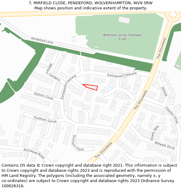 7, MIRFIELD CLOSE, PENDEFORD, WOLVERHAMPTON, WV9 5RW: Location map and indicative extent of plot