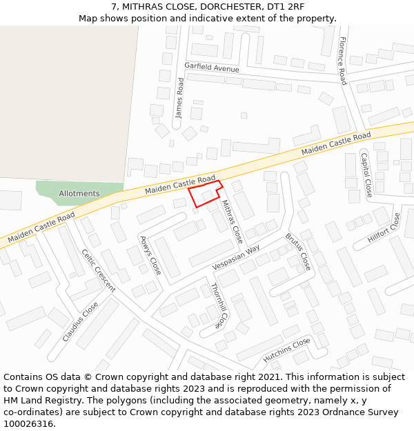 7, MITHRAS CLOSE, DORCHESTER, DT1 2RF: Location map and indicative extent of plot